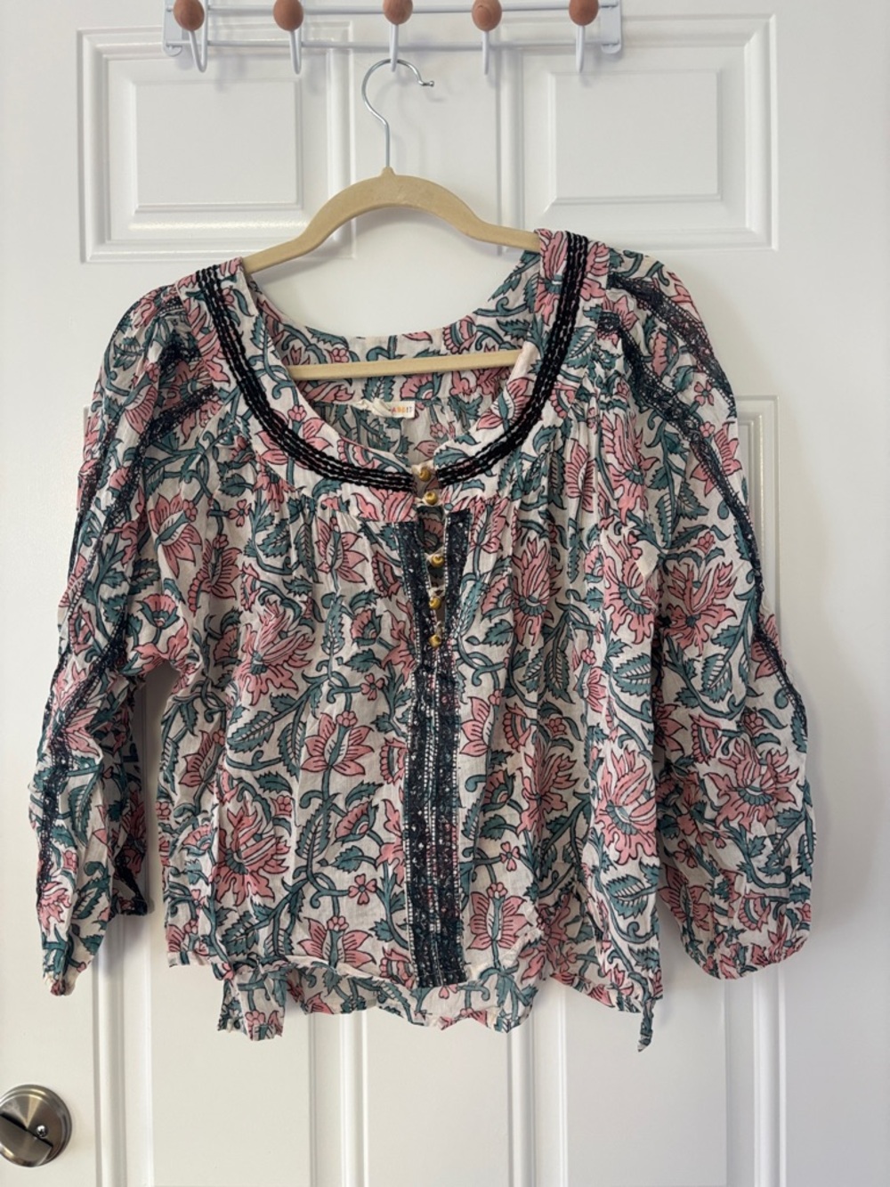 Roller Rabbit Pink & Green Floral Peasant Blouse